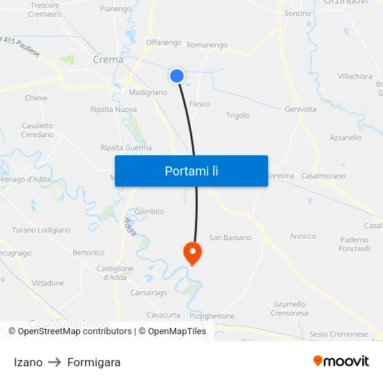 Izano to Formigara map