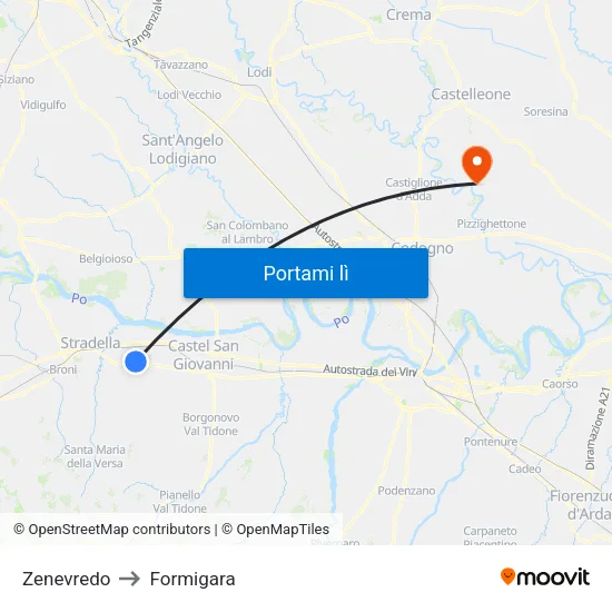 Zenevredo to Formigara map