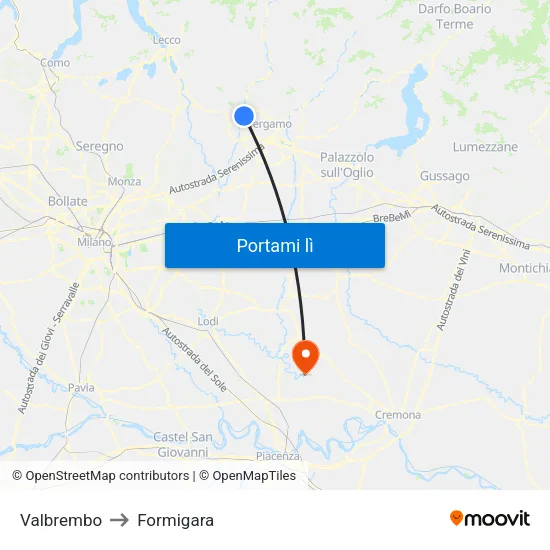 Valbrembo to Formigara map