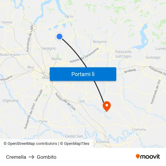 Cremella to Gombito map