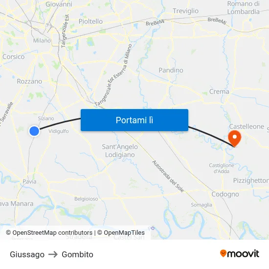 Giussago to Gombito map