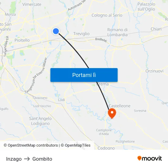 Inzago to Gombito map
