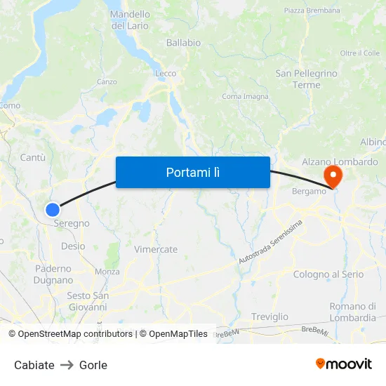 Cabiate to Gorle map