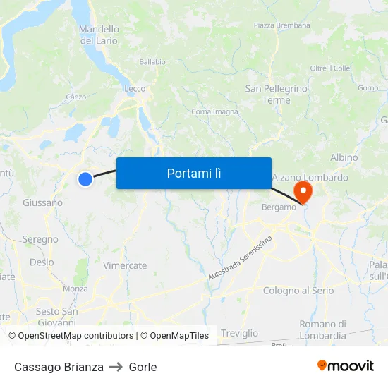 Cassago Brianza to Gorle map