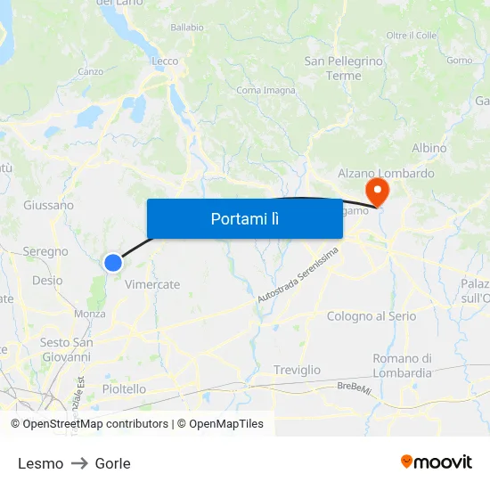 Lesmo to Gorle map