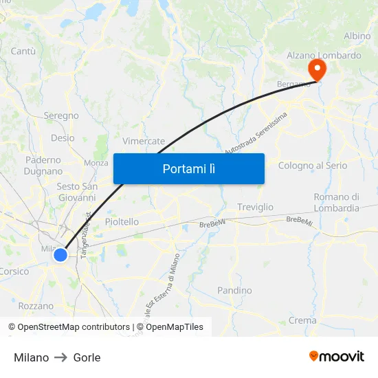 Milano to Gorle map