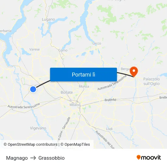 Magnago to Grassobbio map