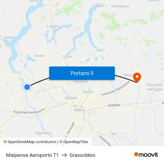 Malpensa Aeroporto T1 to Grassobbio map
