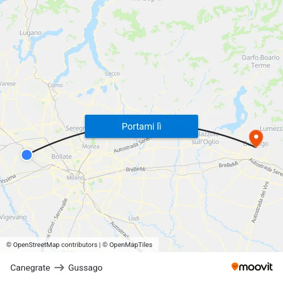 Canegrate to Gussago map