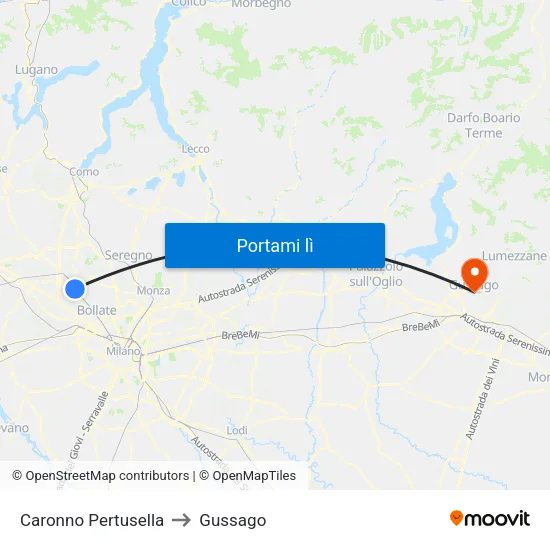 Caronno Pertusella to Gussago map