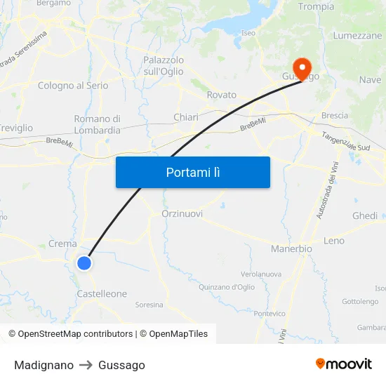 Madignano to Gussago map