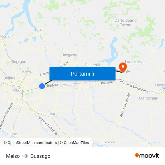 Melzo to Gussago map