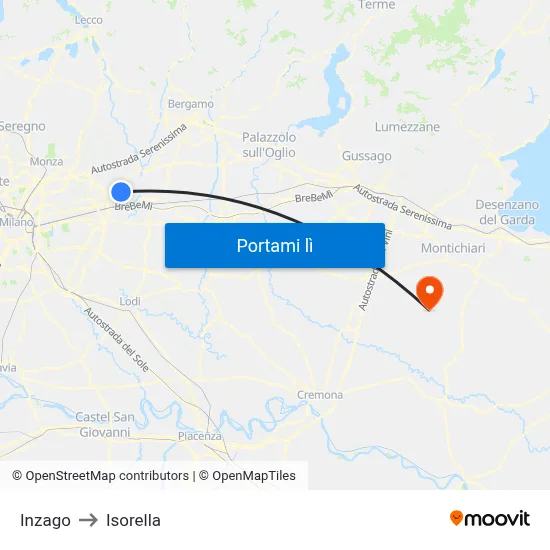 Inzago to Isorella map
