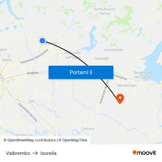 Valbrembo to Isorella map