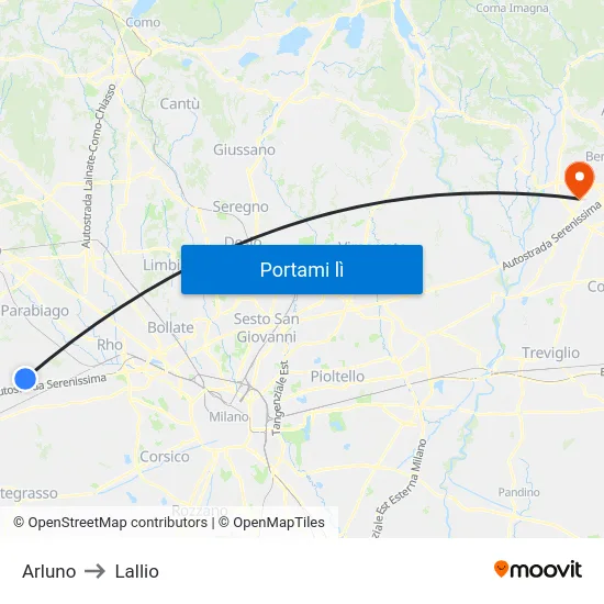 Arluno to Lallio map