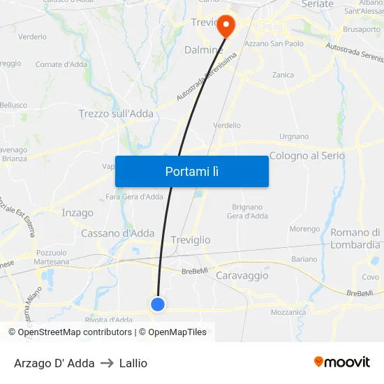 Arzago D' Adda to Lallio map