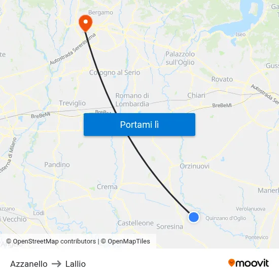 Azzanello to Lallio map