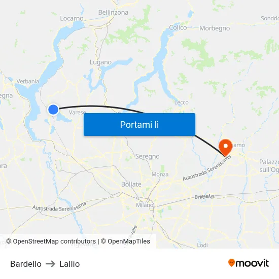 Bardello to Lallio map