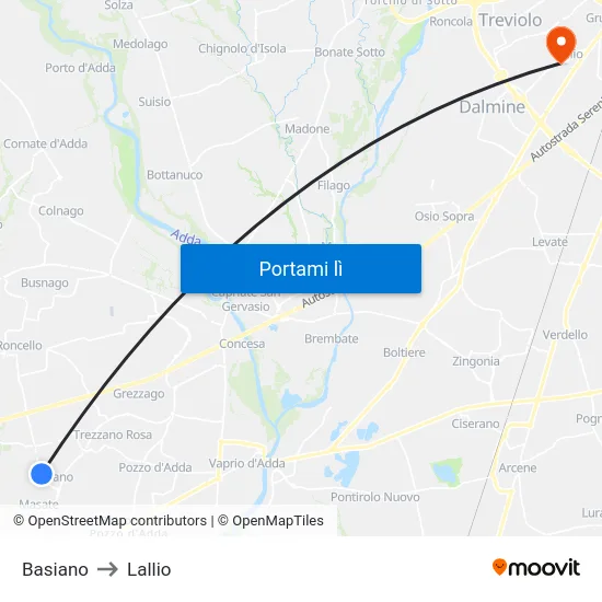 Basiano to Lallio map