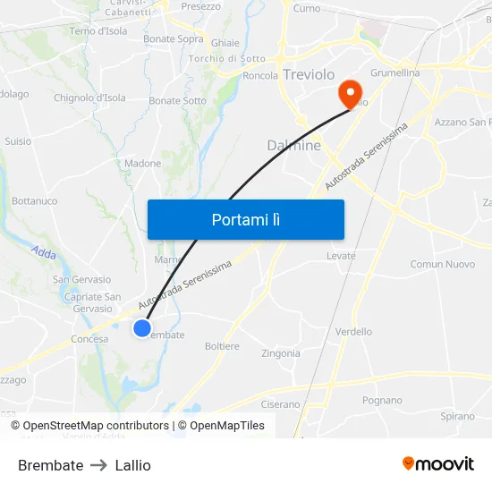 Brembate to Lallio map