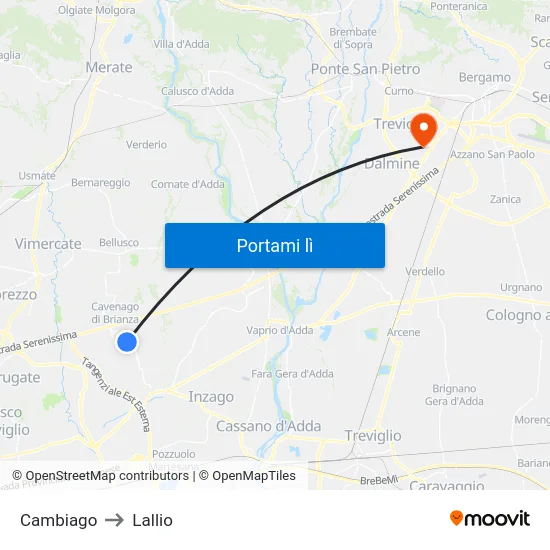 Cambiago to Lallio map