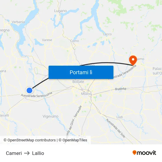 Cameri to Lallio map
