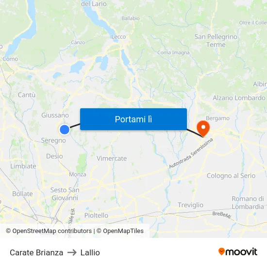 Carate Brianza to Lallio map