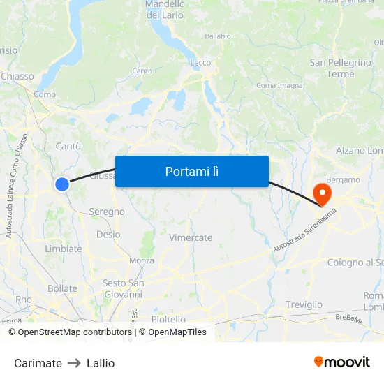 Carimate to Lallio map