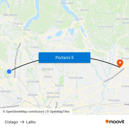 Cislago to Lallio map