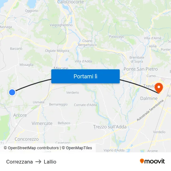 Correzzana to Lallio map