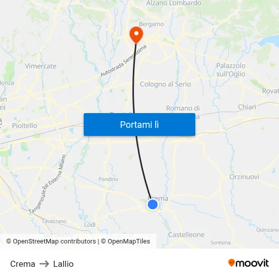 Crema to Lallio map