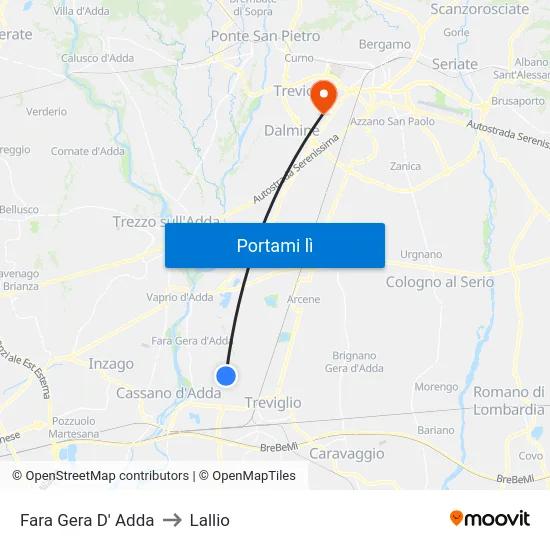 Fara Gera D' Adda to Lallio map