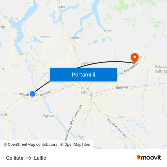 Galliate to Lallio map