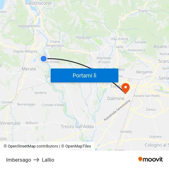 Imbersago to Lallio map