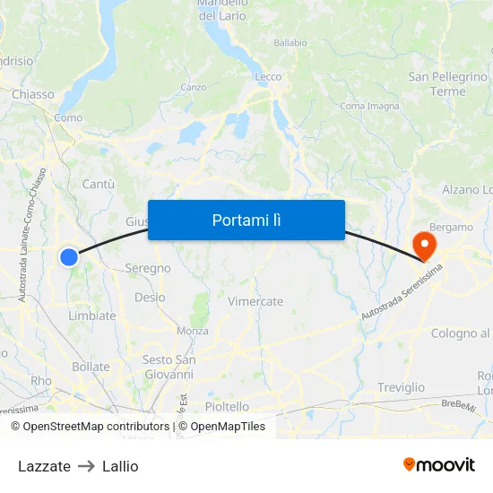 Lazzate to Lallio map
