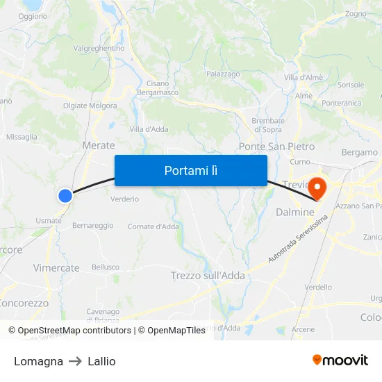 Lomagna to Lallio map