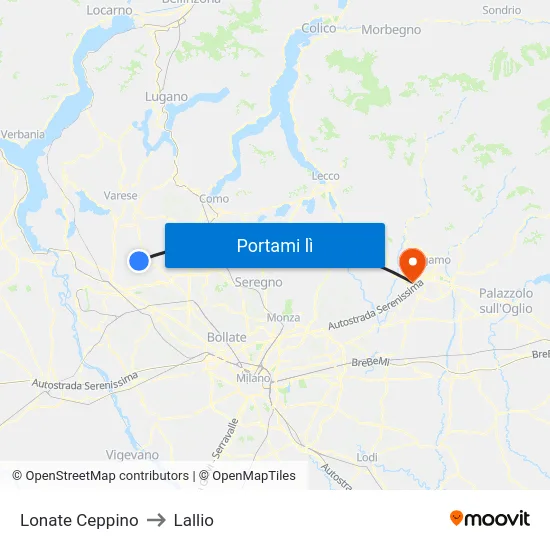 Lonate Ceppino to Lallio map
