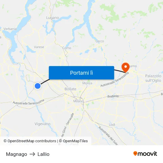 Magnago to Lallio map