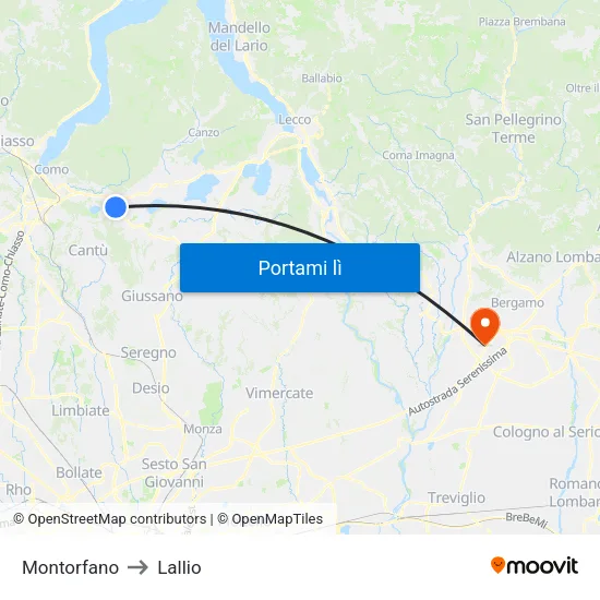 Montorfano to Lallio map