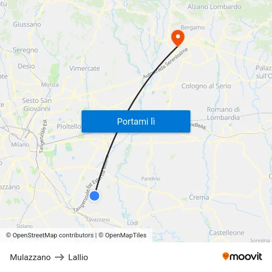 Mulazzano to Lallio map