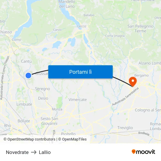 Novedrate to Lallio map
