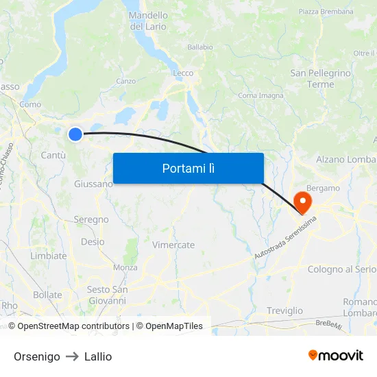 Orsenigo to Lallio map