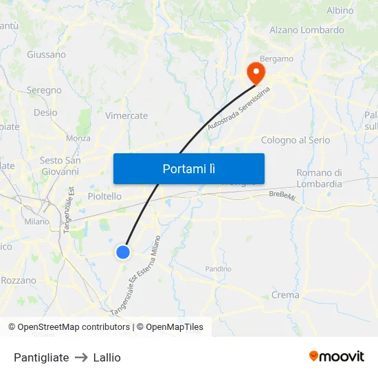 Pantigliate to Lallio map