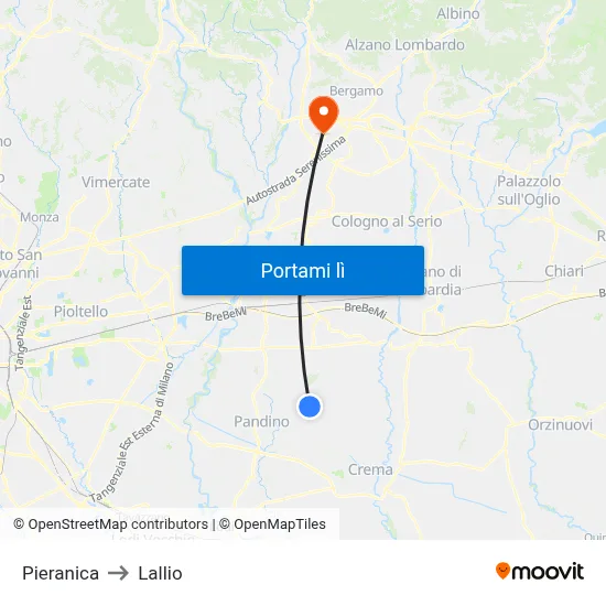 Pieranica to Lallio map