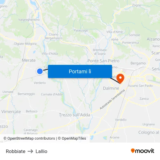 Robbiate to Lallio map