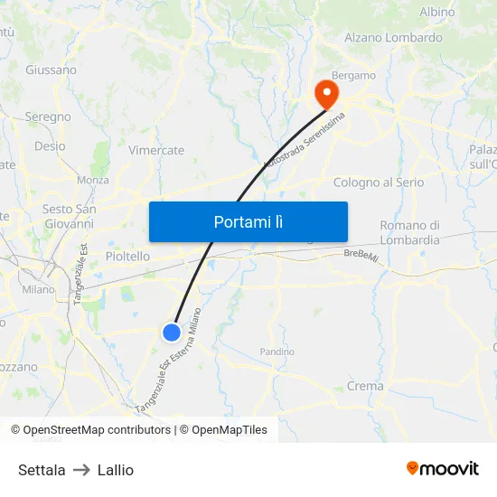 Settala to Lallio map