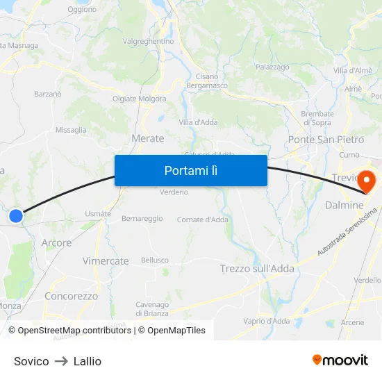 Sovico to Lallio map