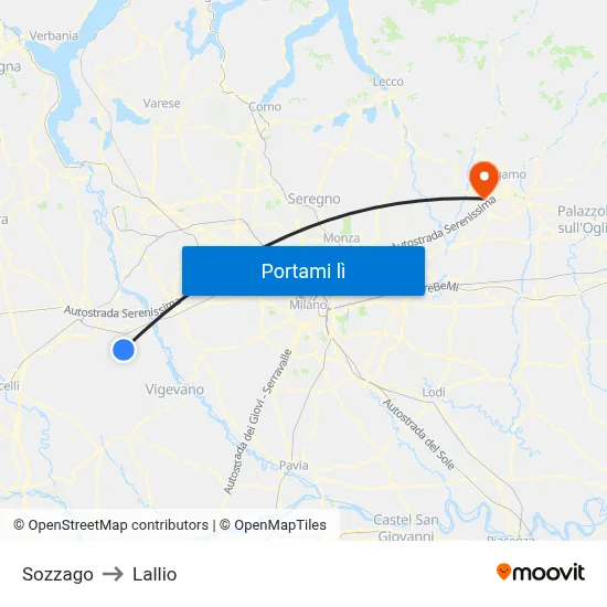 Sozzago to Lallio map