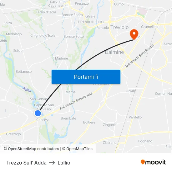 Trezzo Sull' Adda to Lallio map