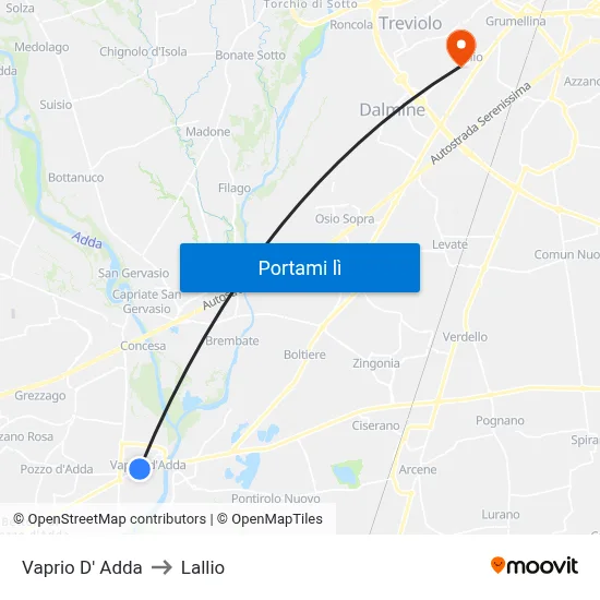 Vaprio D' Adda to Lallio map